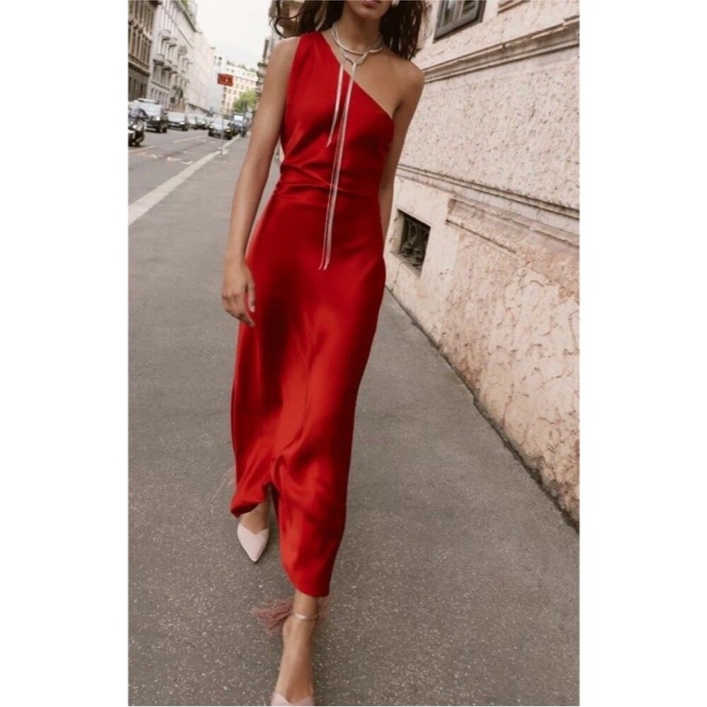 Zara One-Shoulder Satin Slip Summer Dress in Copper bronze color - Picture 9 of 10